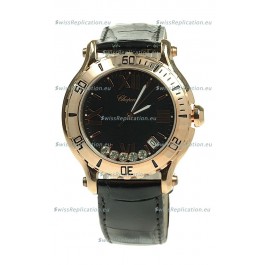 Chopard Happy Sport Diamonds Edition Replica Gold Watch in Black Strap