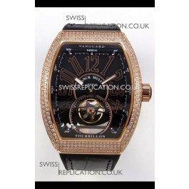Franck Muller V45 Tourbillon Rose Gold Diamonds Black Strap Super Clone Watch 
