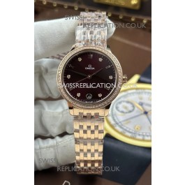 Omega De Ville Automatic 34MM Burgundy Dial Rose Gold Case Super Clone Watch 