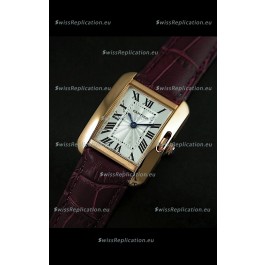 Cartier Louis Japanese Replica Ladies Rose Gold Watch in Red Wine Strap