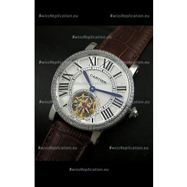 Cartier Ronde de Tourbillon Japanese Replica Diamond Watch in Brown Strap