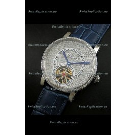 Cartier Ronde de Tourbillon Japanese Replica Diamond Watch in Blue Strap