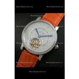 Cartier Ronde de Tourbillon Japanese Replica Diamond Watch in Orange Strap