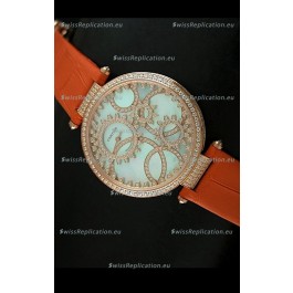 Cartier Replica Watch with Diamonds Embedded Dial Bezel in Gold Case/Orange Strap