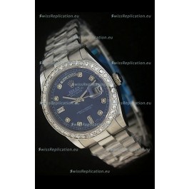 Rolex Day Date Just Japanese Replica Blue Watch in Full Diamond Bezel