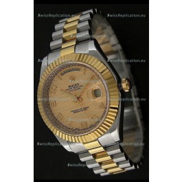 Rolex Day Date Just Japanese Replica Two Tone Gold Watch in Golden Stripe Pattern Dial 