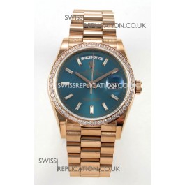 Rolex Day Date 128345 Rose Gold Green Crystal Dial Diamonds Bezel Super Clone Watch 