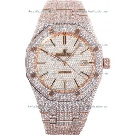 Audemars Piguet Royal Oak 15400 Iced Out Stick Markers Dial in Rose Gold Casing Swiss Replica Watch