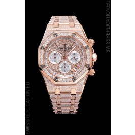 Audemars Piguet Royal Oak Chronograph 41MM Swiss Quartz Watch with Diamonds Embedded Casing in Rose Gold
