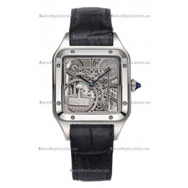 Cartier Santos Dumont Skeleton Stainless Steel Watch in Black Leather Strap 43.5MM