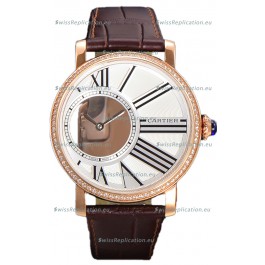 Rotonde De Cartier in Rose Gold Casing - Leather Strap Swiss Quartz Replica Watch 