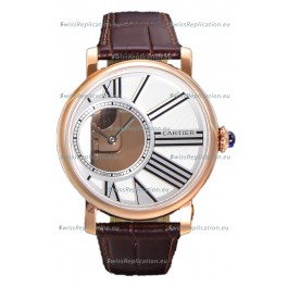 Rotonde De Cartier in Rose Gold Casing - Leather Strap Swiss Quartz Replica Watch 