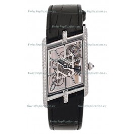 Cartier Tank Asymétrique Stainless Steel Casing Diamonds Bezel Watch in Leather Strap Swiss Replica