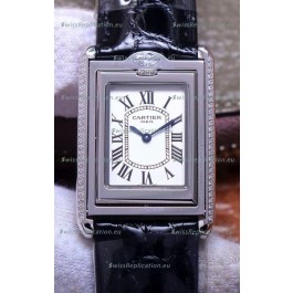 Cartier Tank Reversible Swiss Quartz Replica Watch in Steel Casing - Black Strap