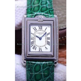 Cartier Tank Reversible Swiss Quartz Replica Watch in Steel Casing - Green Strap