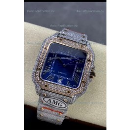 Cartier "Santos De Cartier" Two Tone Blue Dial 1:1 Mirror Replica - 40MM - Genuine Diamonds