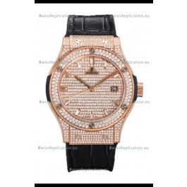 Hublot Classic Fusion Automatic Rose Gold Diamonds Paved Dial Black Strap 42MM Superclone Replica Watch 
