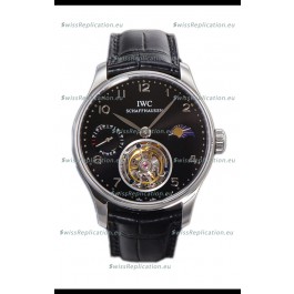IWC Portugese Hand-Wound Genuine Tourbillon Black Dial Steel Casing Swiss Replica Watch 