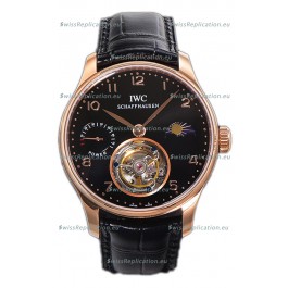 IWC Portugese Hand-Wound Genuine Tourbillon Black Dial Rose Gold Casing Swiss Replica Watch 