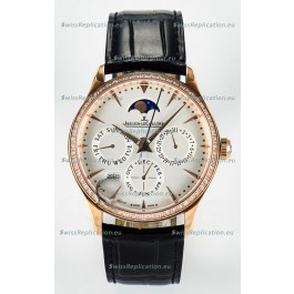 Jaeger LeCoultre Super Clone Master Ultra-Thin Perpetual Calendar White Dial Diamonds Bezel Watch