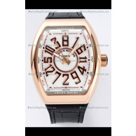 Franck Muller Vanguard Crazy Hours in Rose Gold Plating - White Dial Swiss Replica Watch 