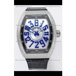 Franck Muller Vanguard Crazy Hours in Stainless Steel Diamonds - White Dial Swiss Replica Watch 