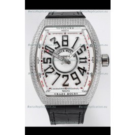 Franck Muller Vanguard Crazy Hours in Stainless Steel Diamonds - White Dial Swiss Replica Watch 