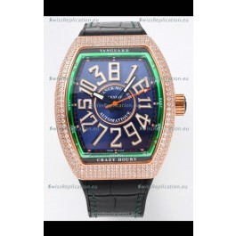 Franck Muller Vanguard Crazy Hours Rose Gold Diamonds - Steel Blue Dial Swiss Replica Watch 