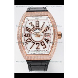 Franck Muller Vanguard Crazy Hours Rose Gold Diamonds - White Dial Swiss Replica Watch 