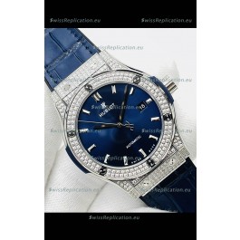 Hublot Classic Fusion Stainless Steel Diamonds Blue Dial Swiss Replica Watch 1:1 Mirror Quality 