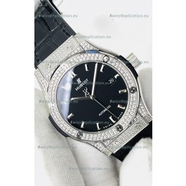 Hublot Classic Fusion Stainless Steel Diamonds Black Dial Swiss Replica Watch 1:1 Mirror Quality 