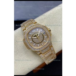 Patek Philippe Nautilus 7010 Diamonds Paved Yellow Gold 32MM 1:1 Mirror Replica - Genuine Diamonds
