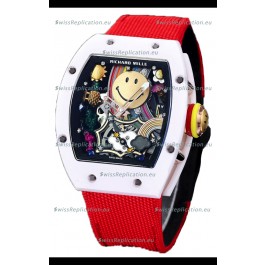 Richard Mille RM088 Smiley Tourbillon White Ceramic Casing Red Nylon Strap Replica Watch 