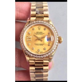 Rolex Datejust Ladies 28MM Cal.3135 Movement Swiss Replica in Gold Dial - 904L Steel Yellow Gold Case