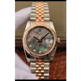 Rolex Datejust 36MM Cal.3135 Movement Swiss Replica Watch in 904L Steel Two Tone Casing Pearl Dial