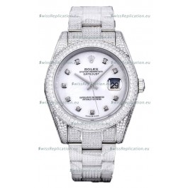 Rolex Datejust 41MM Swiss Replica - Iced Out Edition in White Pearl Dial