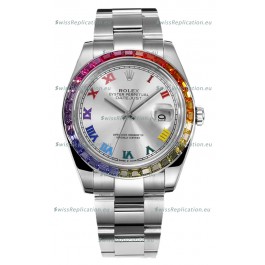 Rolex Datejust 41MM Swiss Replica Watch - 904L Steel in Rainbow Bezel 