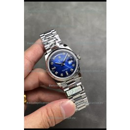 Rolex Day Date Super Clone Stainless Steel Blue Dial Diamonds Numerals Watch 36MM - 1:1 Mirror Quality