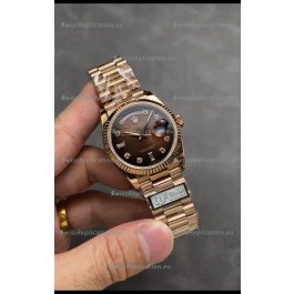 Rolex Day Date Super Clone Rose Gold Brown Dial Diamonds Numerals Watch 36MM - 1:1 Mirror Quality