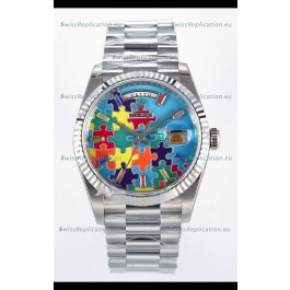 Rolex Day Date Emoji Jig-Saw Puzzle Stainless Steel Casing Swiss Replica Watch 