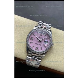 Rolex Day Date Super Clone Stainless Steel Pink Dial Diamonds Numerals Watch 36MM - 1:1 Mirror Quality