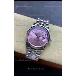 Rolex Day Date Super Clone Stainless Steel Pink Sunburst Dial Crystal Numerals Watch 36MM - 1:1 Mirror Quality