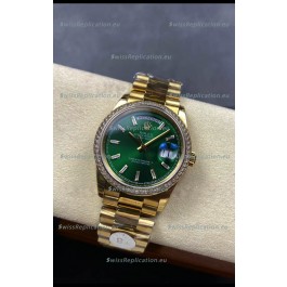 Rolex Day Date Super Clone Yellow Gold Green Dial Crystal Numerals Watch 36MM - 1:1 Mirror Quality