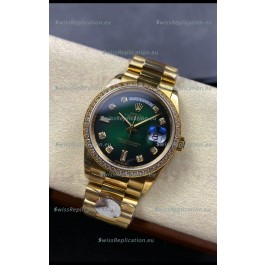 Rolex Day Date Super Clone Yellow Gold Green Dial Diamonds Numerals Watch 36MM - 1:1 Mirror Quality