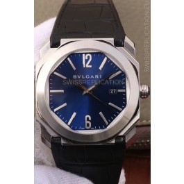 Bvlgari Octo Roma Edition 1:1 Mirror Replica in 904L Steel Casing - Deep Blue Dial Leather Strap