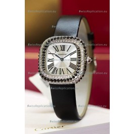 Coussin De Cartier Steel Watch Swiss Replica Watch Black Strap 