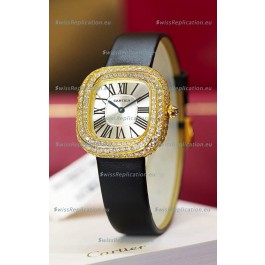 Coussin De Cartier Yellow Gold Swiss Replica Watch Black Strap 
