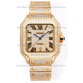 Cartier "Santos De Cartier" Yellow Gold W/ Diamonds Roman Dial 1:1 Mirror Replica - 40MM - Genuine Diamonds