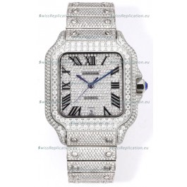 Cartier "Santos De Cartier" Stainless Steel W/ Diamonds Roman Dial 1:1 Mirror Replica - 40MM - Genuine Diamonds