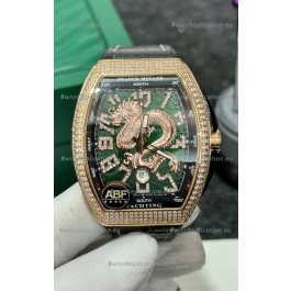 Franck Muller Vanguard Yachting Dragon V45 Green Dial in Gold Diamonds Bezel Swiss Replica